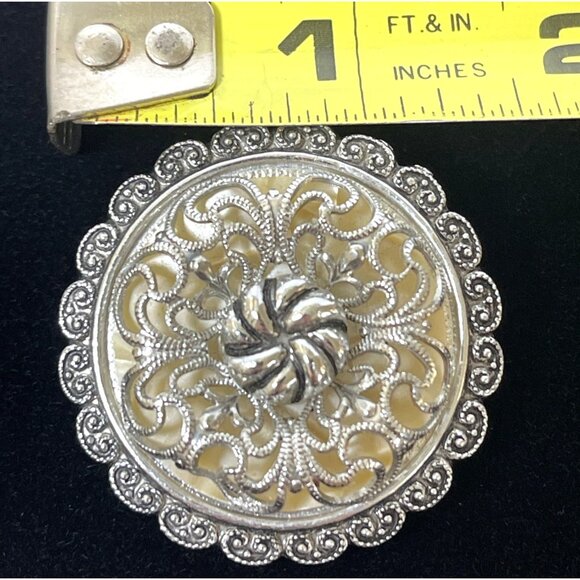 West Germany Filigree Scarf Collar Clip Ring Silver Tone Mother of Pearl Vintage - Picture 6 of 8